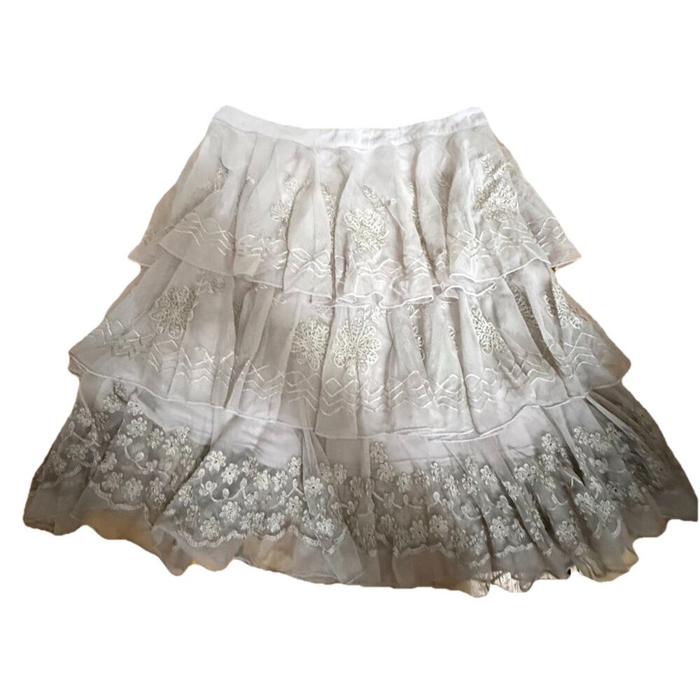 CHAN LUU Women’s Taupe Three Tiered Lace Midi Skirt Hand Made in India Medium